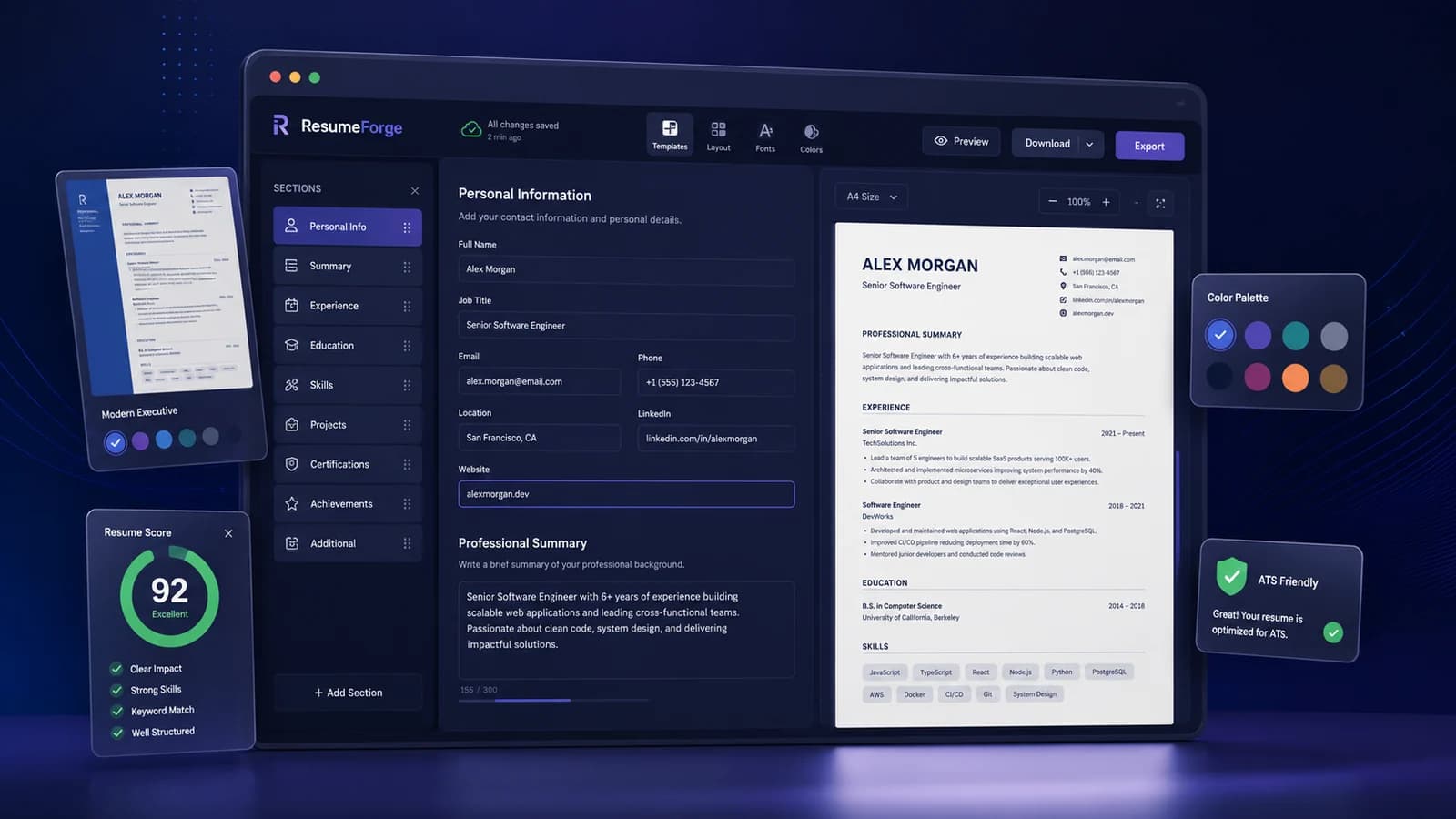 Resumiva editor with resume sections, form fields and live A4 preview