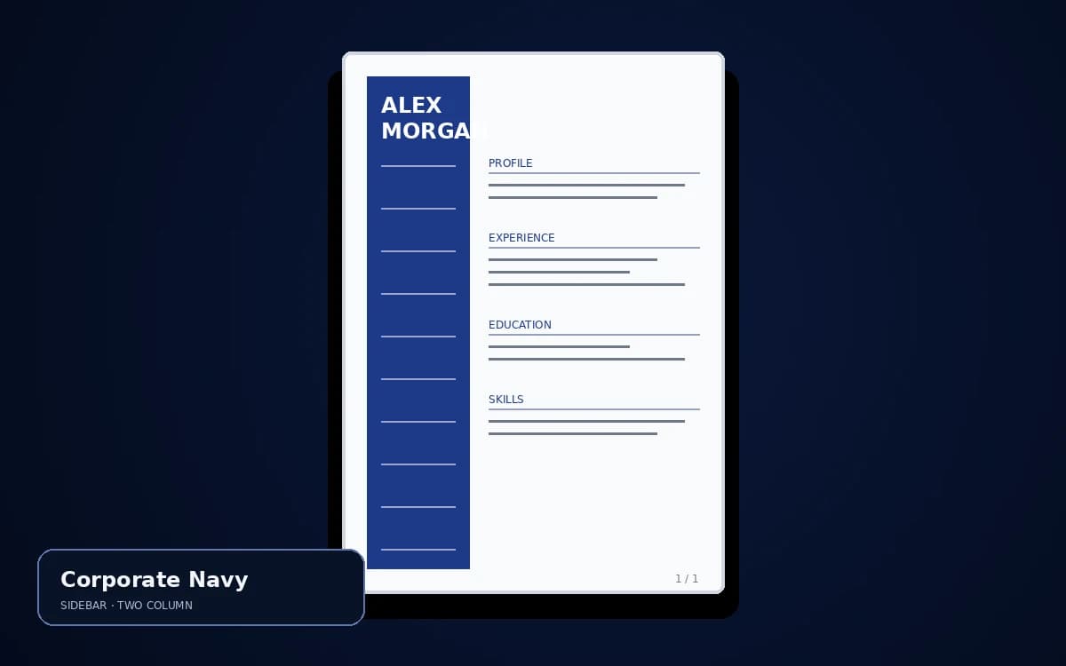 Corporate Navy live resume template preview